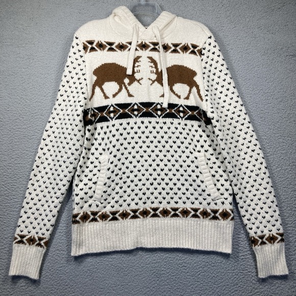 American Eagle Sweater Men's Small‎ Cream Brown Fair Isle Deer Hooded Pullover - Picture 1 of 12